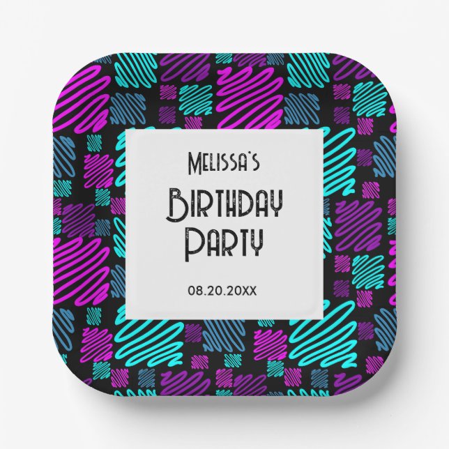 Bright Neon Geometric Pattern Black Birthday Paper Plates (Front)