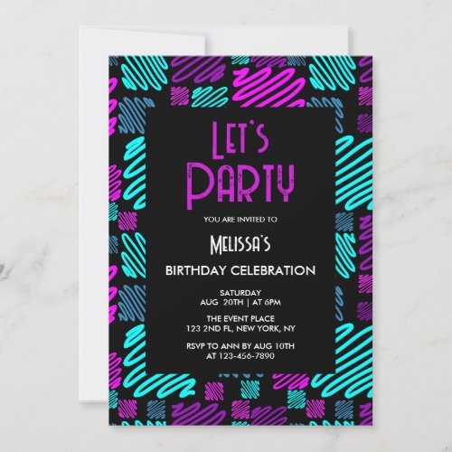Bright Neon Geometric Pattern Black Birthday Party Invitation
