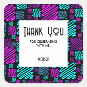 Bright Neon Geometric Pattern Black Thank You Square Sticker
