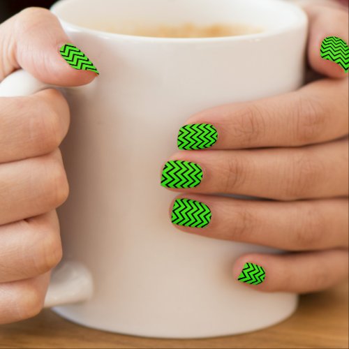 Bright Neon Green Black Chevron Pattern Minx Nail Art