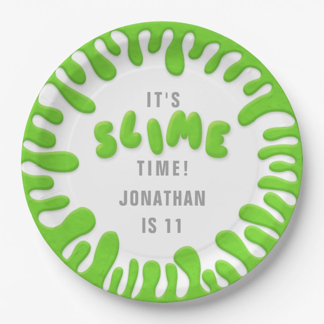 Bright neon green slime party paper plates (Front)