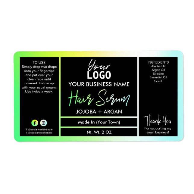 Bright Neon Holographic Green Hair Serum Labels (Front)