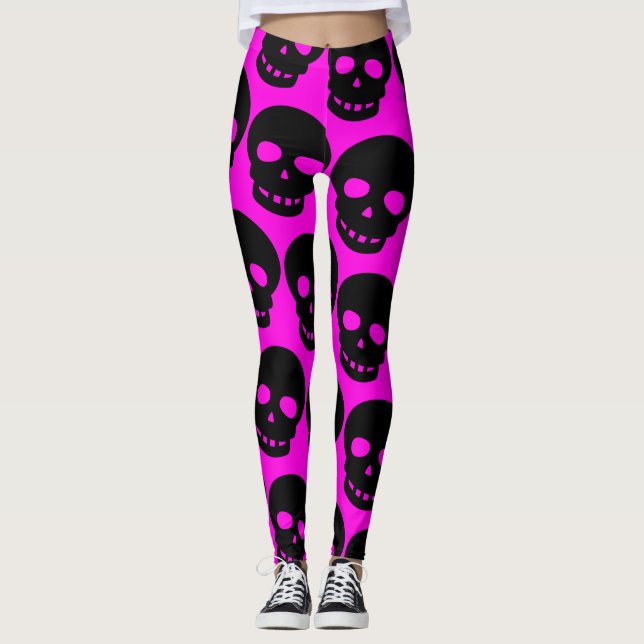 Bright Neon Hot Pink Goth Big Print Skulls Leggings (Front)