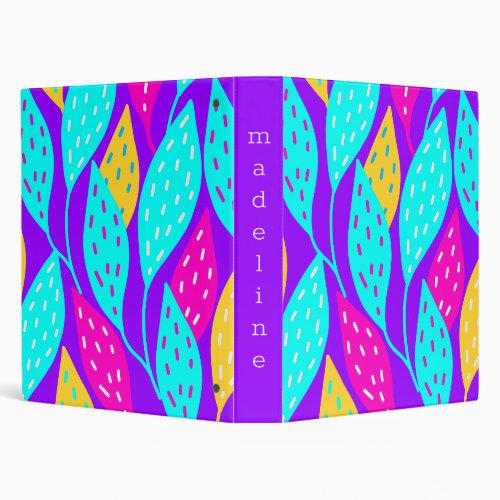 Bright Neon Leaves Floral Pattern Custom Text 3 Ring Binder
