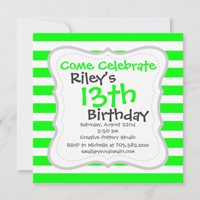 Bright Neon Lime Green and White Stripes Pattern Invitation (Front)