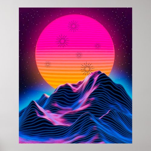 Bright Neon Mountains Dusk to Dawn Poster
