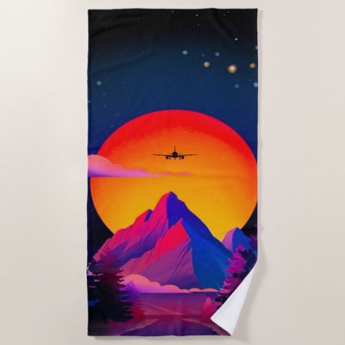 Bright Neon Mountains Sunrise Airplane Beach Towel