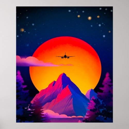 Bright Neon Mountains Sunrise Airplane Poster