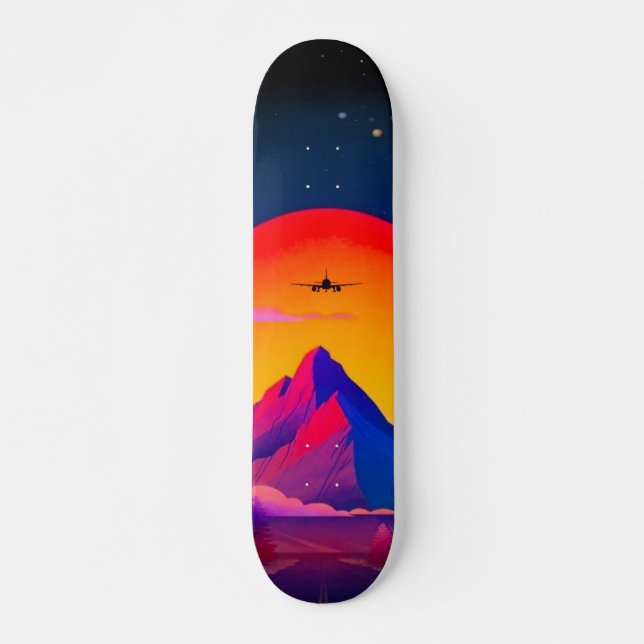 Bright Neon Mountains Sunrise Airplane Skateboard (Front)