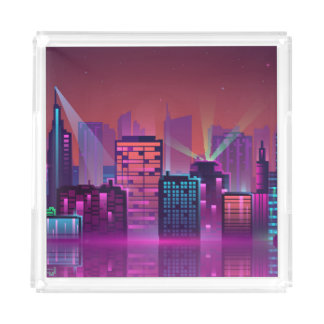 Bright neon night cityscape, vintage. acrylic tray