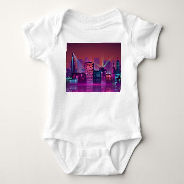Bright neon night cityscape, vintage. baby bodysuit (Front)