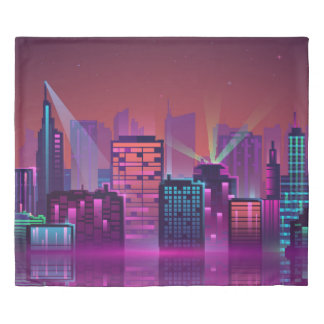 Bright neon night cityscape, vintage. duvet cover