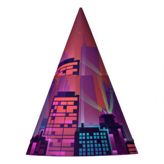 Bright neon night cityscape, vintage. party hat