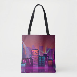 Bright neon night cityscape, vintage. tote bag
