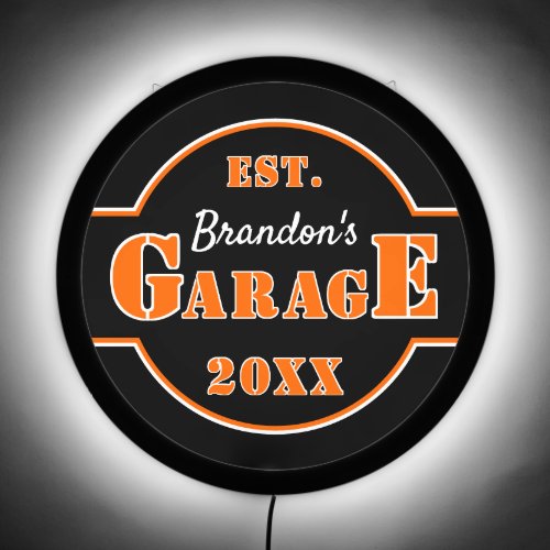 Bright Neon Orange White Garage Text on Black LED Sign