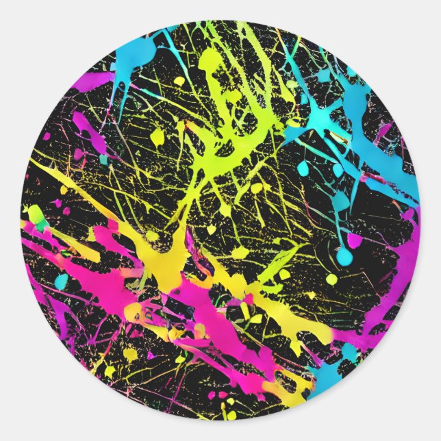 Bright Neon Paint Splatter Classic Round Sticker (Front)