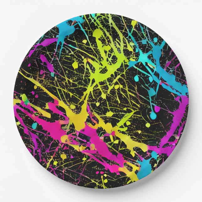 Bright Neon Paint Splatter Paper Plates (Front)