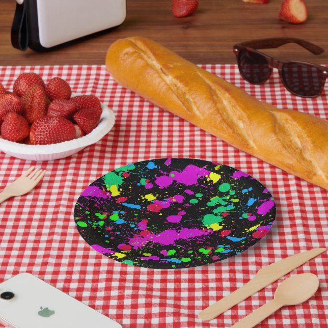 Bright Neon Paint Splatter Pattern Custom Paper Plates (Picnic)