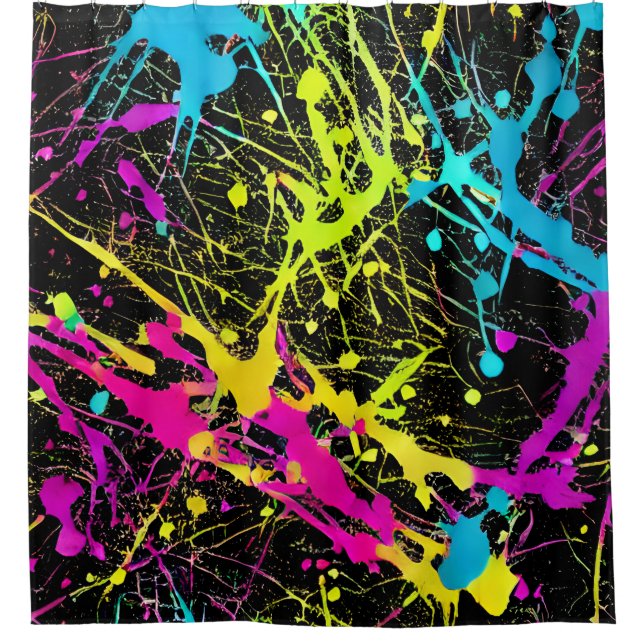 Bright Neon Paint Splatter Shower Curtain (Front)