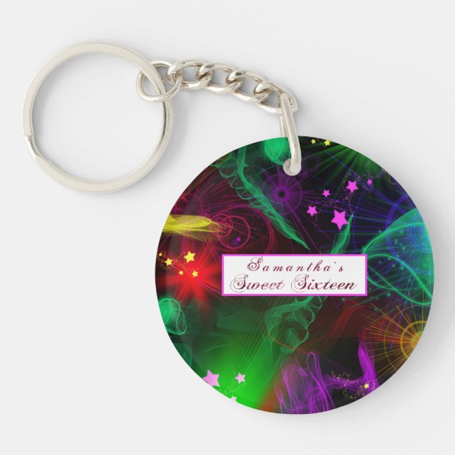 Bright Neon Paint Splatter Swirls Stars  Keychain (Front)