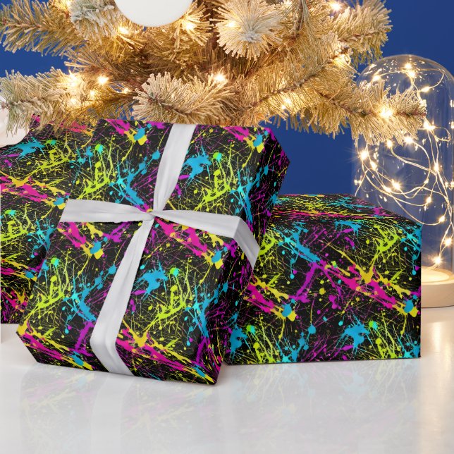 Bright Neon Paint Splatter Wrapping Paper (Holidays)