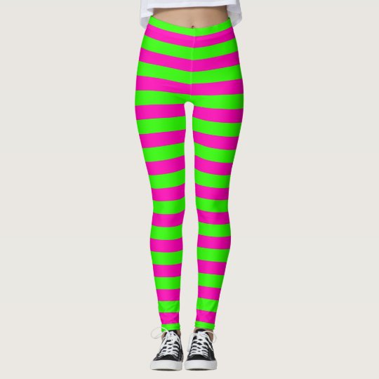 Bright Neon Pink and Green Horizontal Striped Leggings | Zazzle.com