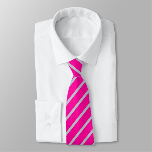 Bright Neon Pink and Silver Diagonal Stripes Neck Tie
