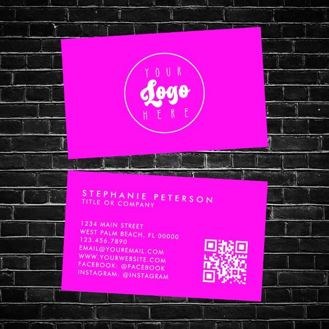 Bright Neon Pink Custom Company Logo QR Code Business Card (Creator Uploaded)