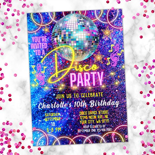 Bright Neon Pink Glow Girls Disco Dance Party Invitation