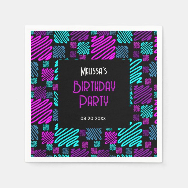 Bright Neon Purple Blue Geometric Birthday Napkins (Front)