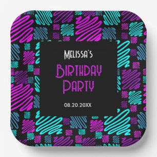 Bright Neon Purple Blue Geometric Birthday Paper Plates