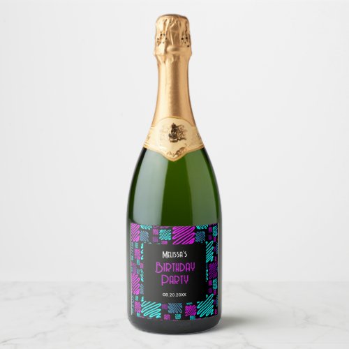 Bright Neon Purple Blue Geometric Birthday Sparkling Wine Label