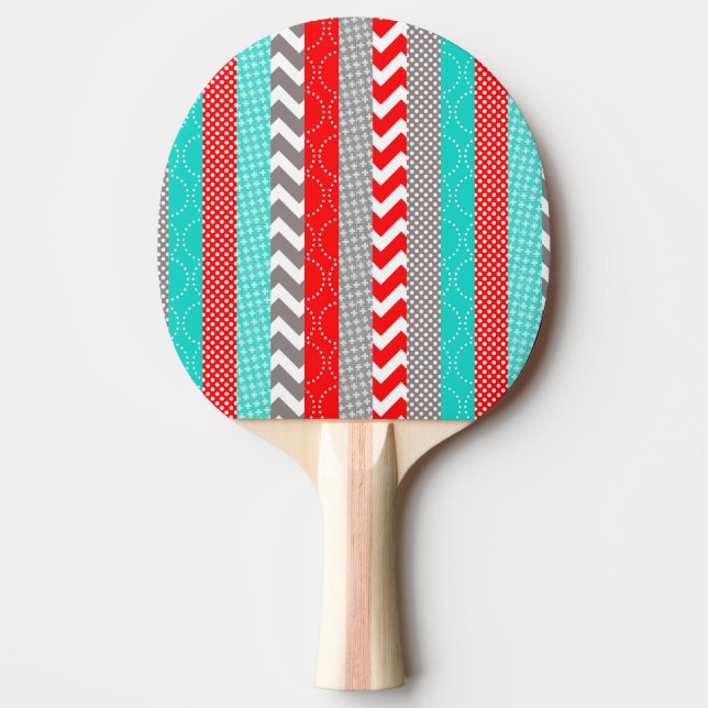 Bright Neon Red and Teal Geo Stripes Ping-Pong Paddle (Front)