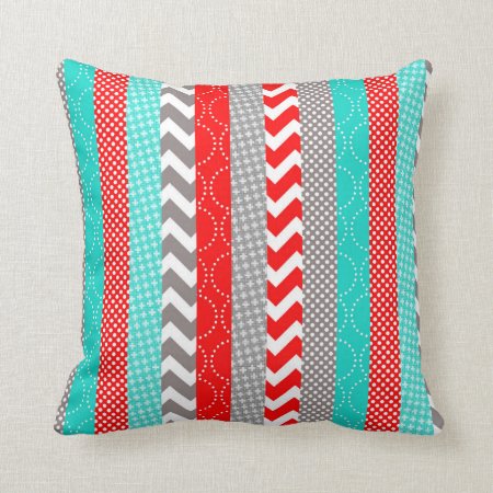 Bright Neon Red And Teal Geo Stripes Throw Pillow