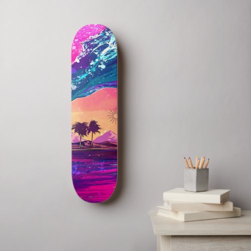 Bright Neon Retro Wave and Palm Trees Skateboard