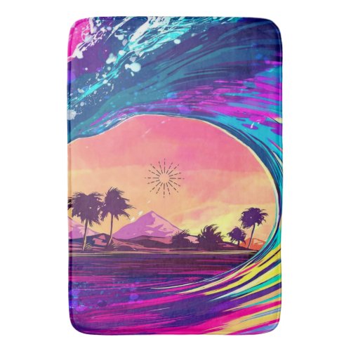 Bright Neon Rolling Wave With Palm Trees Bath Mat