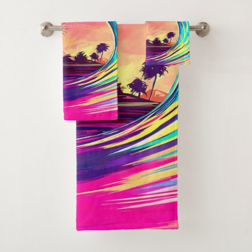 Bright Neon Rolling Wave With Palm Trees Bath Towel Set