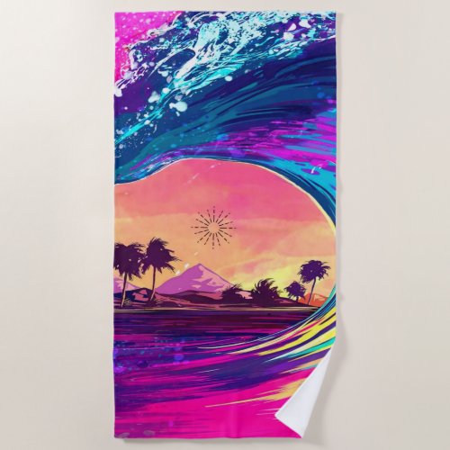 Bright Neon Rolling Wave With Palm Trees Beach Towel