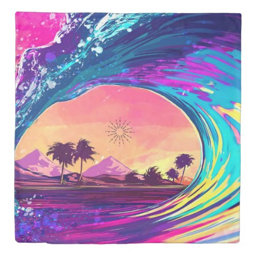 Bright Neon Rolling Wave With Palm Trees Duvet Cover