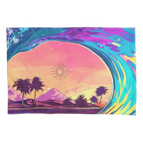 Bright Neon Rolling Wave With Palm Trees Pillow Case