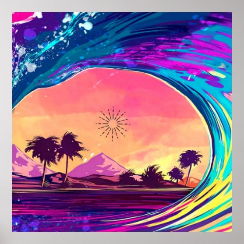 Bright Neon Rolling Wave With Palm Trees Poster