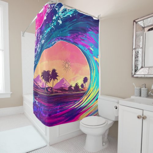 Bright Neon Rolling Wave With Palm Trees Shower Curtain