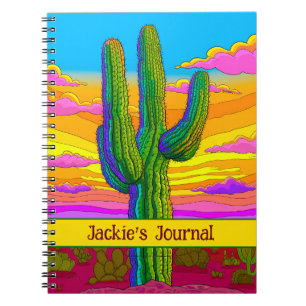 Bright Neon Saguaro Cactus Sunset Desert Scene  Notebook