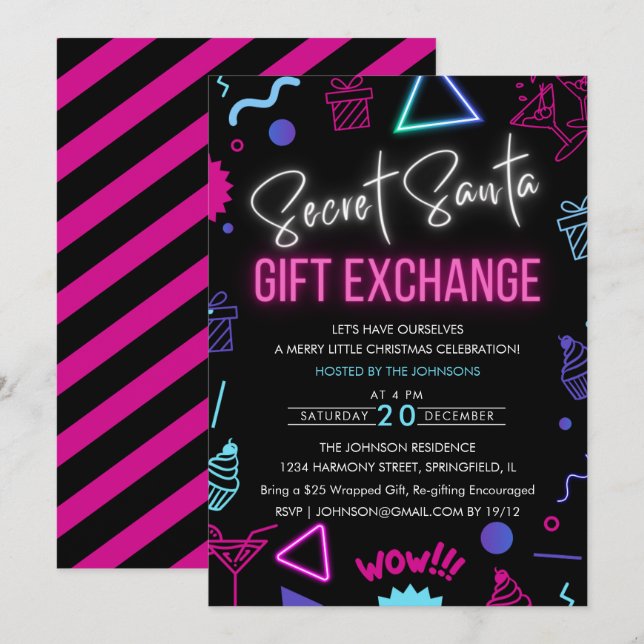 Bright Neon Secret Santa Gift Exchange Party Invitation (Front/Back)