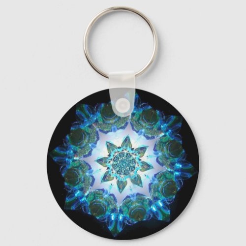 Bright Neon Starburst Kaleidoscope in Blue Keychain