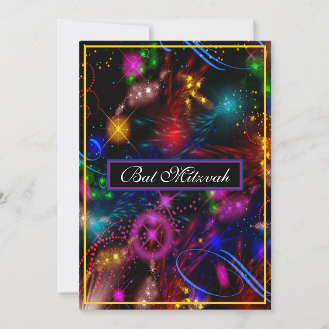 Bright Neon Stars Swirls Splatter Bat Mitzvah Invitation (Front)