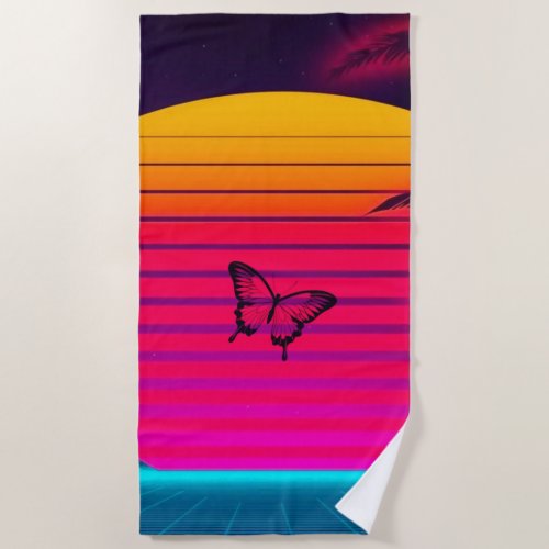 Bright Neon Sunrise to Sunset Sun and a Butterfly Beach Towel