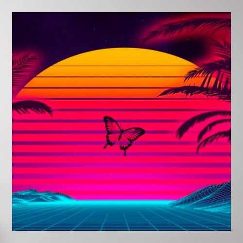Bright Neon Sunrise to Sunset Sun and a Butterfly Poster