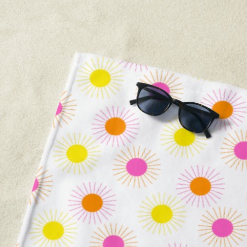 Bright Neon Sunshine Pink Yellow Orange Suns Beach Towel