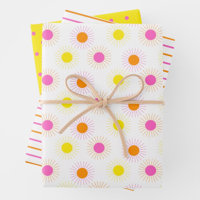 Bright Neon Sunshine Stripes and Dots  Wrapping Paper Sheets (In situ)